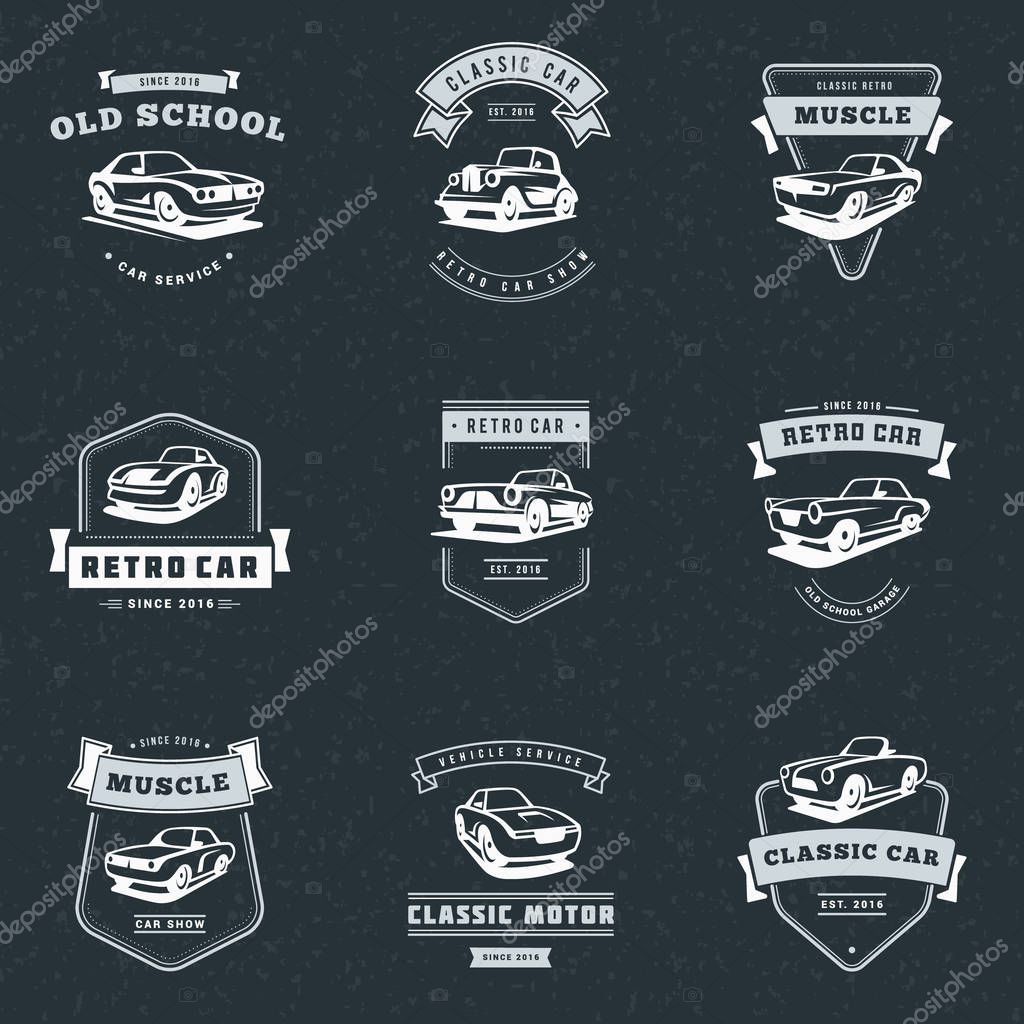 Set of classic car logo, emblems, badges. Service car repair, car restoration and car club design elements. White on dark background. Vector illustration