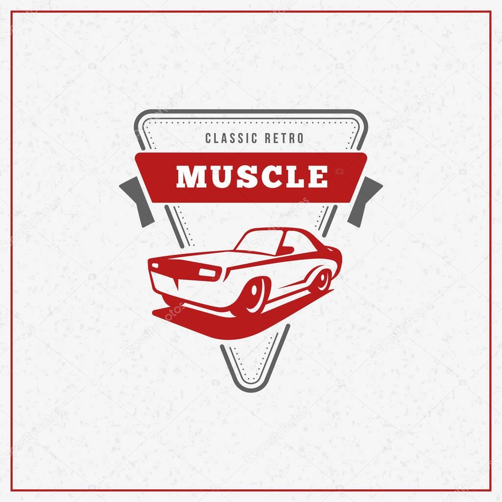Classic car logo, emblem, badge. Service car repair, car restoration and car club design elements. Vector illustration. Red and gray on light background