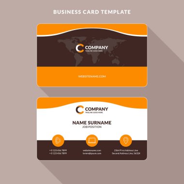 Yaratıcı ve temiz çift taraflı kartvizit şablonu. Turuncu ve kahverengi renkleri. Düz tasarım vektör çizim. İleti örneği tasarım