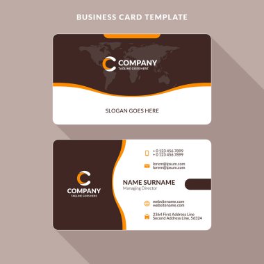 Yaratıcı ve temiz çift taraflı kartvizit şablonu. Turuncu ve kahverengi renkleri. Düz tasarım vektör çizim. İleti örneği tasarım