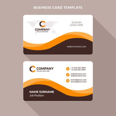 Yaratıcı ve temiz çift taraflı kartvizit şablonu. Turuncu ve kahverengi renkleri. Düz tasarım vektör çizim. İleti örneği tasarım