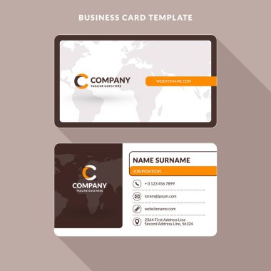 Yaratıcı ve temiz çift taraflı kartvizit şablonu. Turuncu ve kahverengi renkleri. Düz tasarım vektör çizim. İleti örneği tasarım