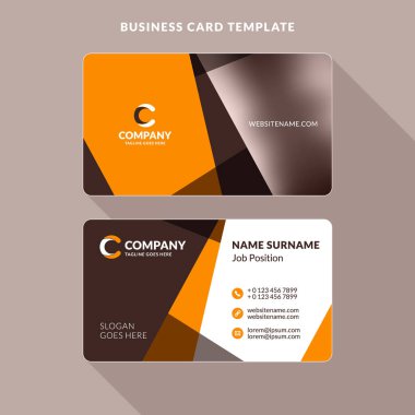 Yaratıcı ve temiz çift taraflı kartvizit şablonu. Turuncu ve kahverengi renkleri. Düz tasarım vektör çizim. İleti örneği tasarım