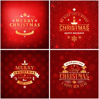Noel altın ve tebrik kartı şablonlarını kırmızı kümesi. Vintage tipografik rozetleri, etiketleri. Noel kar taneleri arka plan. Vektör çizim