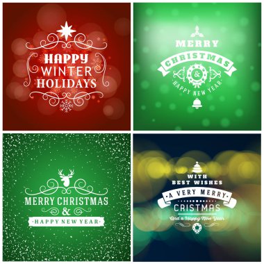 Neşeli Noel ve mutlu yeni yıl dekoratif rozetleri kümesi için tebrik kartları ve davetiyeler. Vektör çizim. Renkli arka plan ile kar taneleri ve ışıklar