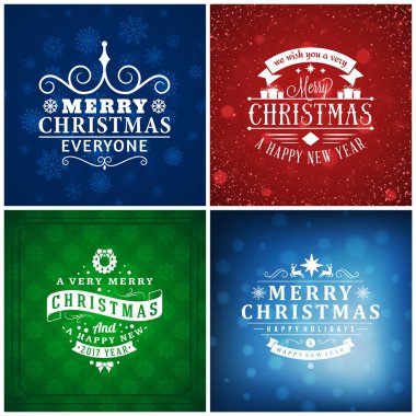 Neşeli Noel ve mutlu yeni yıl dekoratif rozetleri kümesi için tebrik kartları ve davetiyeler. Vektör çizim. Renkli arka plan ile kar taneleri ve ışıklar
