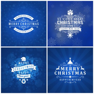 Neşeli Noel ve mutlu yeni yıl dekoratif rozetleri kümesi için tebrik kartları ve davetiyeler. Vektör çizim. Renkli arka plan ile kar taneleri ve ışıklar