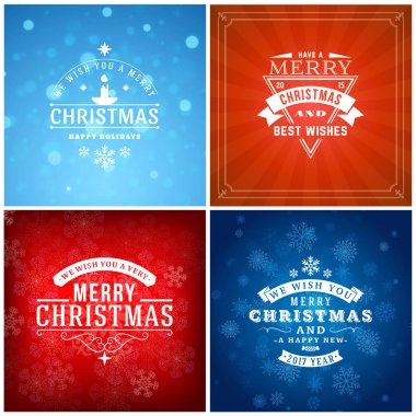 Neşeli Noel ve mutlu yeni yıl dekoratif rozetleri kümesi için tebrik kartları ve davetiyeler. Vektör çizim. Renkli arka plan ile kar taneleri ve ışıklar