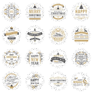 Neşeli Noel ve mutlu yeni yıl dekoratif rozetleri kümesi için tebrik kartları ve davetiyeler. Vektör çizim. Tipografik tasarım öğeleri. Altın ve siyah renk teması