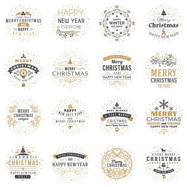 Neşeli Noel ve mutlu yeni yıl dekoratif rozetleri kümesi için tebrik kartları ve davetiyeler. Vektör çizim. Tipografik tasarım öğeleri. Altın ve siyah renk teması