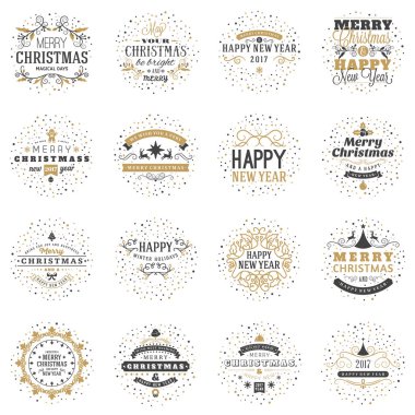 Neşeli Noel ve mutlu yeni yıl dekoratif rozetleri kümesi için tebrik kartları ve davetiyeler. Vektör çizim. Tipografik tasarım öğeleri. Altın ve siyah renk teması