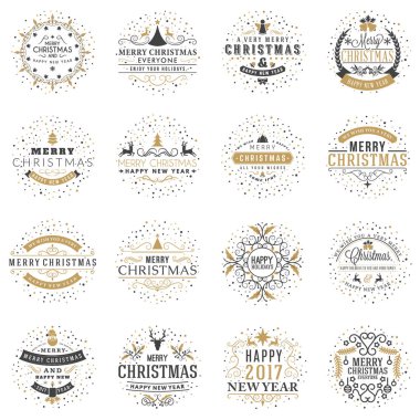 Neşeli Noel ve mutlu yeni yıl dekoratif rozetleri kümesi için tebrik kartları ve davetiyeler. Vektör çizim. Tipografik tasarım öğeleri. Altın ve siyah renk teması