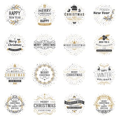 Neşeli Noel ve mutlu yeni yıl dekoratif rozetleri kümesi için tebrik kartları ve davetiyeler. Vektör çizim. Tipografik tasarım öğeleri. Altın ve siyah renk teması