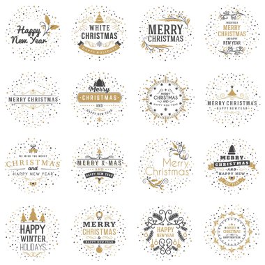 Neşeli Noel ve mutlu yeni yıl dekoratif rozetleri kümesi için tebrik kartları ve davetiyeler. Vektör çizim. Tipografik tasarım öğeleri. Altın ve siyah renk teması