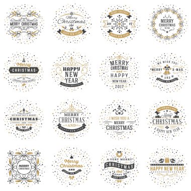 Neşeli Noel ve mutlu yeni yıl dekoratif rozetleri kümesi için tebrik kartları ve davetiyeler. Vektör çizim. Tipografik tasarım öğeleri. Altın ve siyah renk teması