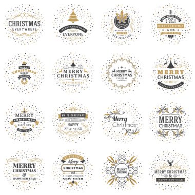 Neşeli Noel ve mutlu yeni yıl dekoratif rozetleri kümesi için tebrik kartları ve davetiyeler. Vektör çizim. Tipografik tasarım öğeleri. Altın ve siyah renk teması