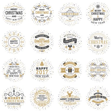 Neşeli Noel ve mutlu yeni yıl dekoratif rozetleri kümesi için tebrik kartları ve davetiyeler. Vektör çizim. Tipografik tasarım öğeleri. Altın ve siyah renk teması