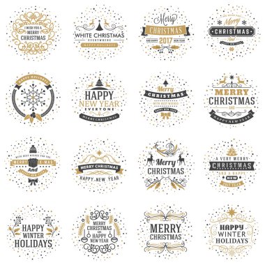 Neşeli Noel ve mutlu yeni yıl dekoratif rozetleri kümesi için tebrik kartları ve davetiyeler. Vektör çizim. Tipografik tasarım öğeleri. Altın ve siyah renk teması