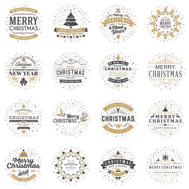 Neşeli Noel ve mutlu yeni yıl dekoratif rozetleri kümesi için tebrik kartları ve davetiyeler. Vektör çizim. Tipografik tasarım öğeleri. Altın ve siyah renk teması