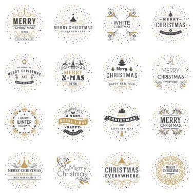 Neşeli Noel ve mutlu yeni yıl dekoratif rozetleri kümesi için tebrik kartları ve davetiyeler. Vektör çizim. Tipografik tasarım öğeleri. Altın ve siyah renk teması
