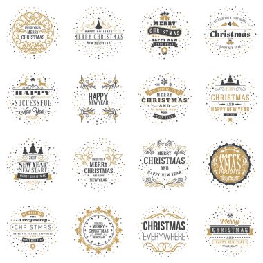 Neşeli Noel ve mutlu yeni yıl dekoratif rozetleri kümesi için tebrik kartları ve davetiyeler. Vektör çizim. Tipografik tasarım öğeleri. Altın ve siyah renk teması