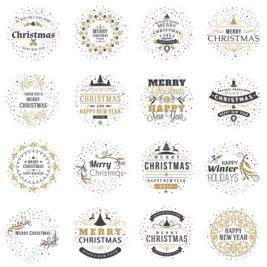 Neşeli Noel ve mutlu yeni yıl dekoratif rozetleri kümesi için tebrik kartları ve davetiyeler. Vektör çizim. Tipografik tasarım öğeleri. Altın ve siyah renk teması