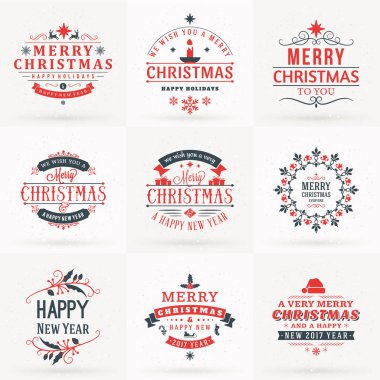 Neşeli Noel ve mutlu yeni yıl dekoratif rozetleri kümesi için tebrik kartları ve davetiyeler. Kırmızı ve gri renklerde vektör çizim