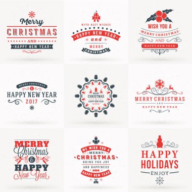 Neşeli Noel ve mutlu yeni yıl dekoratif rozetleri kümesi için tebrik kartları ve davetiyeler. Kırmızı ve gri renklerde vektör çizim