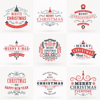 Neşeli Noel ve mutlu yeni yıl dekoratif rozetleri kümesi için tebrik kartları ve davetiyeler. Kırmızı ve gri renklerde vektör çizim