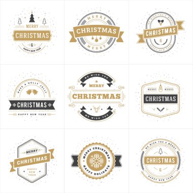 Mutlu Noeller ve mutlu yeni yıl tebrik kartları ve davetiyeler için dekoratif tipografik tasarım öğeleri kümesi. Altın ve siyah renkleri. Vektör çizim