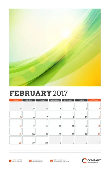 Plantilla de planificador de calendario de pared para 2017 Año. Febrero. Plantilla de diseño vectorial con fondo abstracto. La semana comienza el domingo. Orientación al retrato — Vector de stock