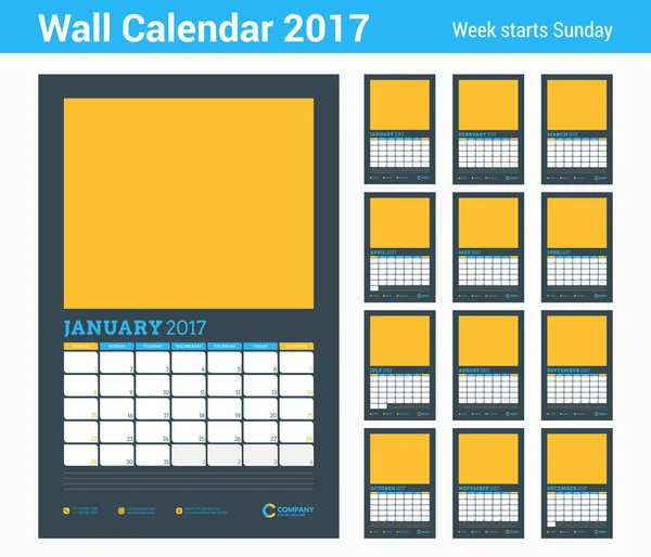 Πρότυπο Planner ημερολογίου τοίχου για το έτος 2017. Σετ των 12 μηνών. Διάνυσμα πρότυπο σχεδίασης με αφηρημένα φόντο. Εβδομάδα ξεκινά την Κυριακή. Κατακόρυφο προσανατολισμό. Μαύρο φόντο — Διανυσματικό Αρχείο