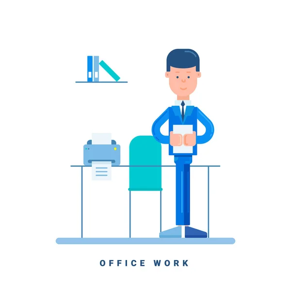 Administrativní pracovník stojící u stolu. Obchodní koncept pro pracovní prostor. Cartoon mužský charakter. Plochý vektorové ilustrace izolované na bílém — Stockový vektor