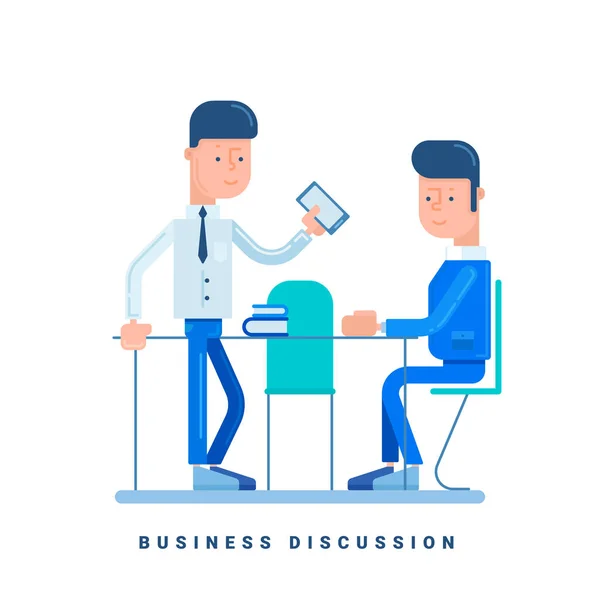 Dva podnikatelé diskutovat. Obchodní koncept pro diskusi. Cartoon mužský charakter. Plochý vektorové ilustrace izolované na bílém — Stockový vektor