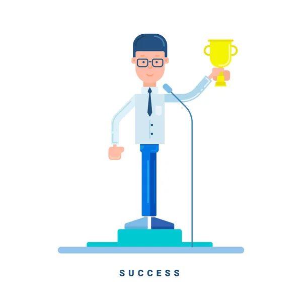 Businessman stands with the award. Business concept for success. Cartoon male character. Flat style vector illustration isolated on white — Stock Vector