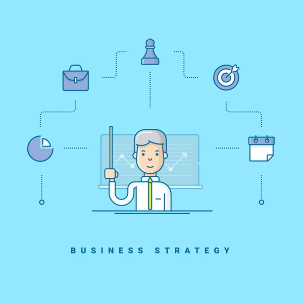 Estratégia de negócios. Personagem de desenhos animados dando apresentação. Ilustração vetorial em azul com ícones de linha plana — Vetor de Stock