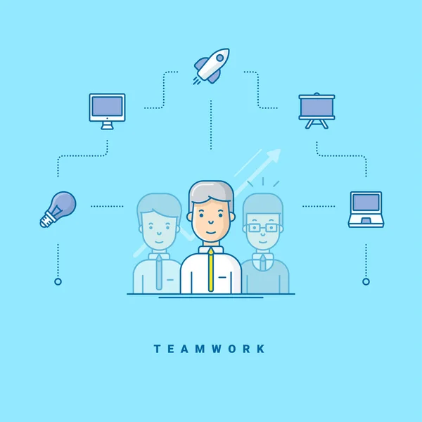 Lavoro di squadra. Tre personaggi del cartone animato in piedi. Illustrazione vettoriale in blu con icone a linea piatta — Vettoriale Stock