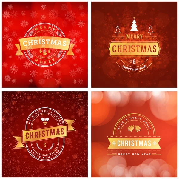 Uppsättning jul gyllene och röda hälsning kort mallar. Vintage typografisk märken, etiketter. Jul snöflingor bakgrund. Vektorillustration — Stock vektor