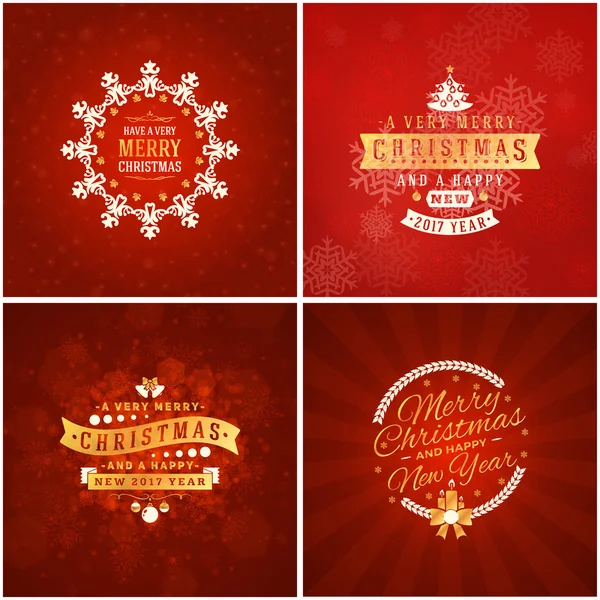 Conjunto de modelos de cartões de felicitações dourados e vermelhos de Natal. Emblemas tipográficos vintage, rótulos. Flocos de neve de Natal fundo. Ilustração vetorial — Vetor de Stock
