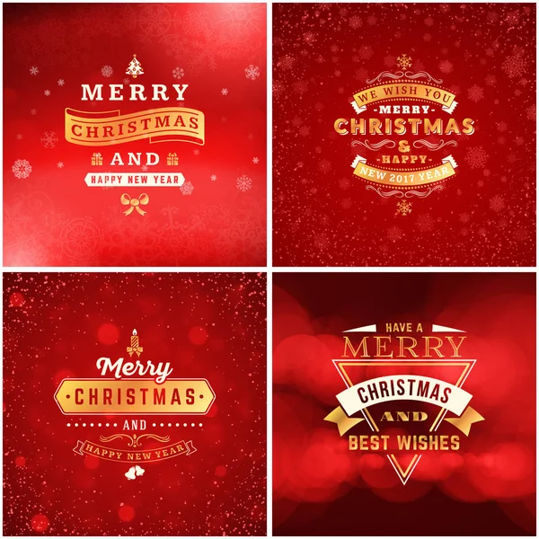 Conjunto de plantillas de tarjetas de felicitación doradas y rojas de Navidad. Placas tipográficas vintage, etiquetas. Fondo de copos de nieve de Navidad. Ilustración vectorial — Vector de stock
