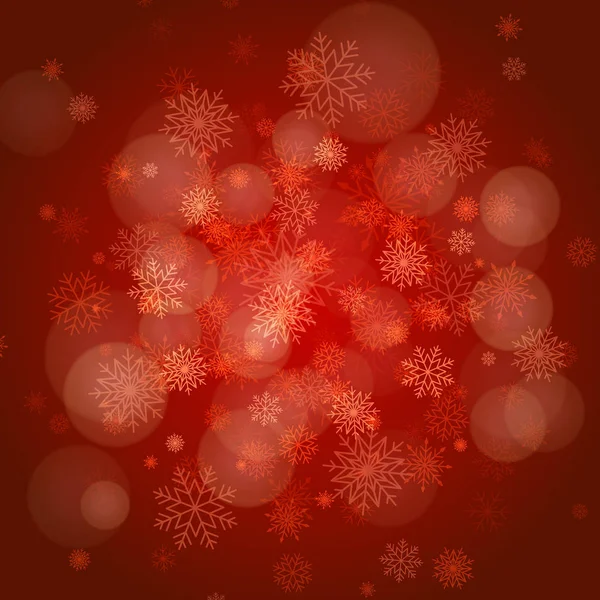 Rosso natale fiocchi di neve sfondo con le luci. Illustrazione astratta del vettore. Sfondo decorativo per biglietto di auguri vacanza — Vettoriale Stock