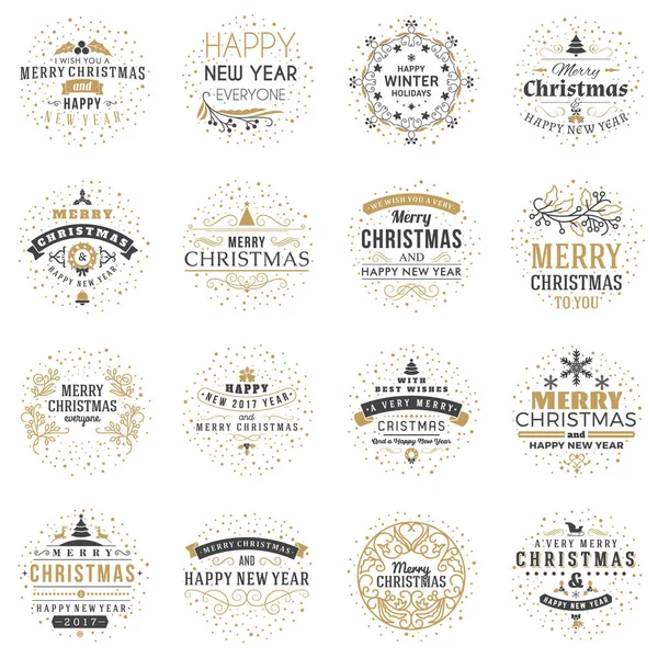 Neşeli Noel ve mutlu yeni yıl dekoratif rozetleri kümesi için tebrik kartları ve davetiyeler. Vektör çizim. Tipografik tasarım öğeleri. Altın ve siyah renk teması