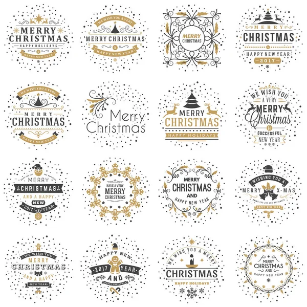 Uppsättning av god jul och gott nytt år dekorativa emblem för hälsningar kort eller inbjudningar. Vektorillustration. Typografisk designelement. Gyllene och svart färgtema — Stock vektor