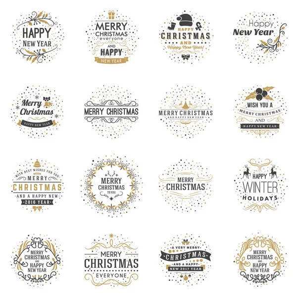 ご挨拶の陽気なクリスマスと幸せな新年装飾的なバッジのセットのカードや招待状。ベクトルの図。文字体裁デザイン要素です。黄金と黒の色のテーマ — ストックベクタ