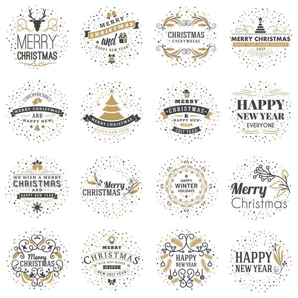 Set von frohen Weihnachten und ein glückliches neues Jahr dekorative Abzeichen für Grußkarten oder Einladungen. Vektorillustration. typografische Gestaltungselemente. goldene und schwarze Farbe Thema — Stockvektor