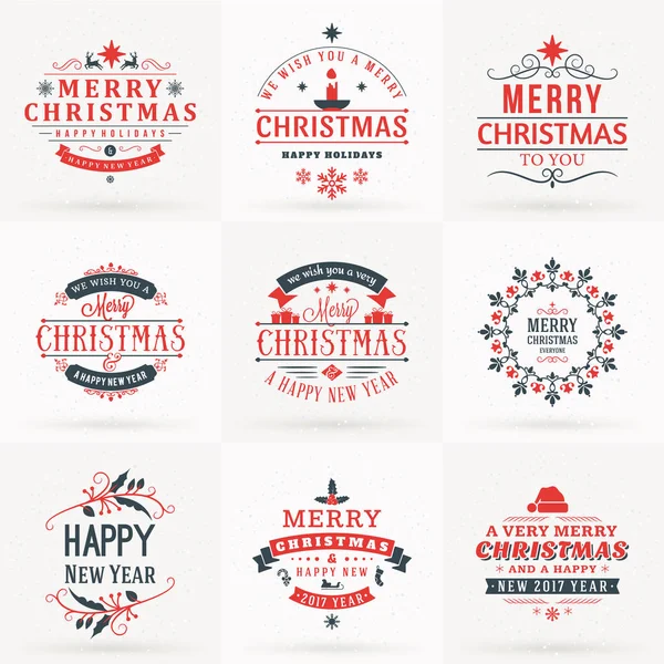 Ensemble d'insignes décoratifs joyeux Noël et bonne année pour cartes de vœux ou invitations. Illustration vectorielle en rouge et gris — Image vectorielle