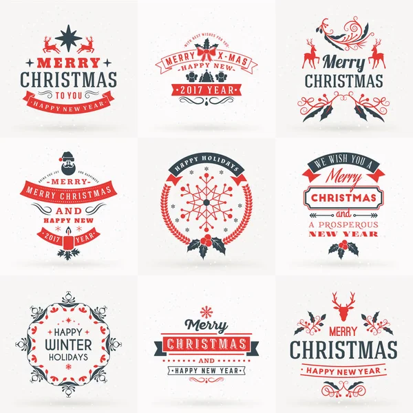 Set van vrolijke Kerstmis en gelukkig Nieuwjaar decoratieve Badges voor Greetings Cards of uitnodigingen. Vectorillustratie in rode en grijze kleuren — Stockvector