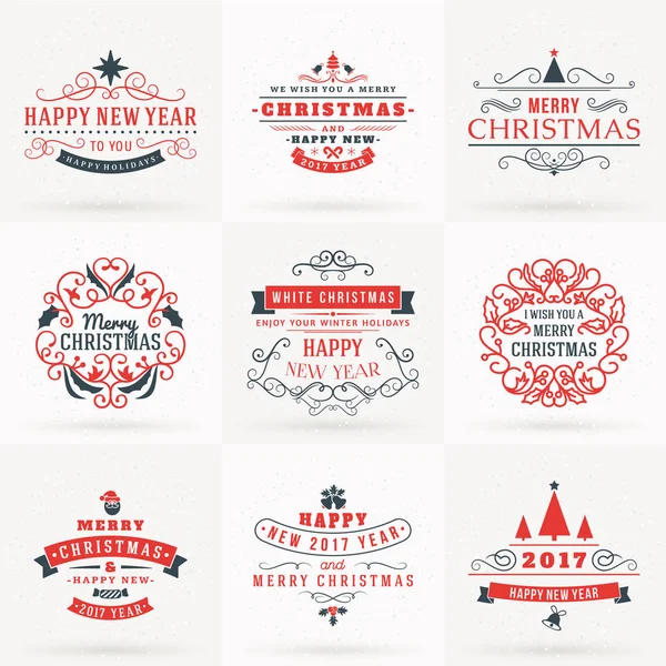 Set de Feliz Navidad y Feliz Año Nuevo Insignias Decorativas para Tarjetas de felicitación o Invitaciones. Ilustración vectorial en colores rojo y gris — Archivo Imágenes Vectoriales