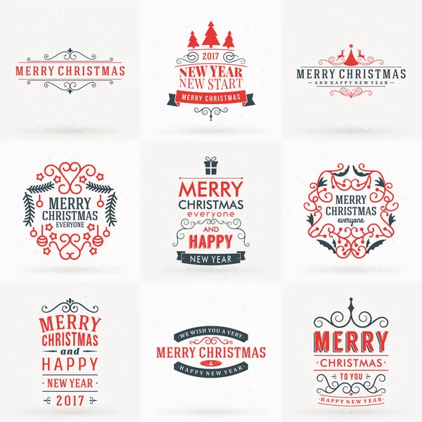 Ensemble d'insignes décoratifs joyeux Noël et bonne année pour cartes de vœux ou invitations. Illustration vectorielle en rouge et gris — Image vectorielle