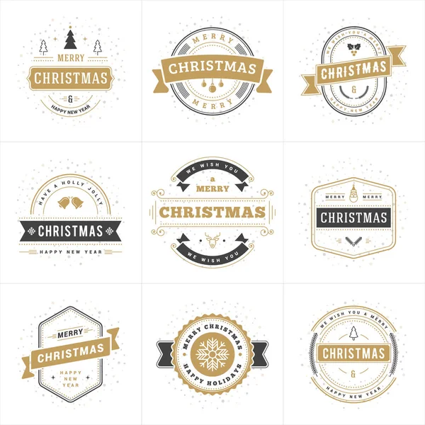 Set of Merry Christmas and Happy New Year decorative typographic design elements for greeting cards or Invitations. Golden and black colors. Vector Illustration — Stock Vector